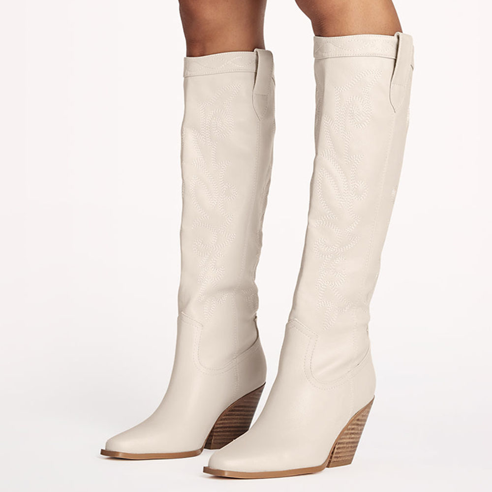 White Faux Suede Closed Toe Chunky Heel Knee High Cowgirl Boots
