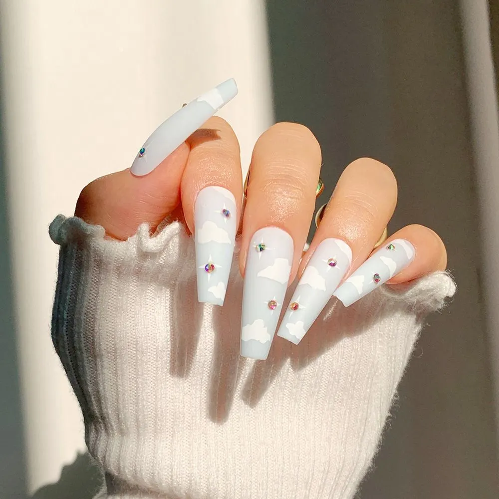 24pcs Extra Long Matte Fake Nails Ballerina Coffin Dark Blue Colorful Rhinestone Decals False Nails with designs Nail Art-Nail Inspo