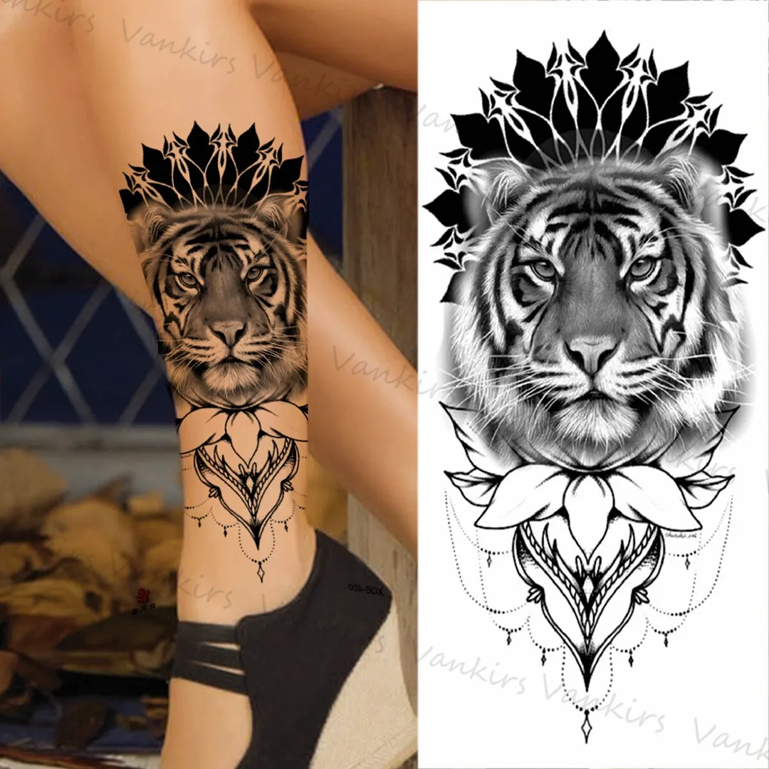 Sdrawing Lion Crown Temporary Tattoos For Women Men Wolf Compass Tiger Mountain Flower Fake Tattoo Sticker Arm Body Tatoos