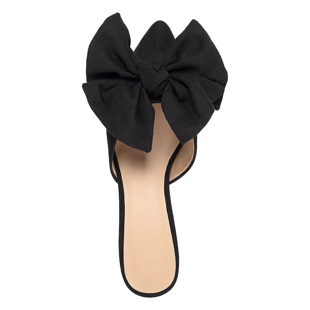 Women's Black Flared Heel Slip On Pointy Toe Mules with Bow