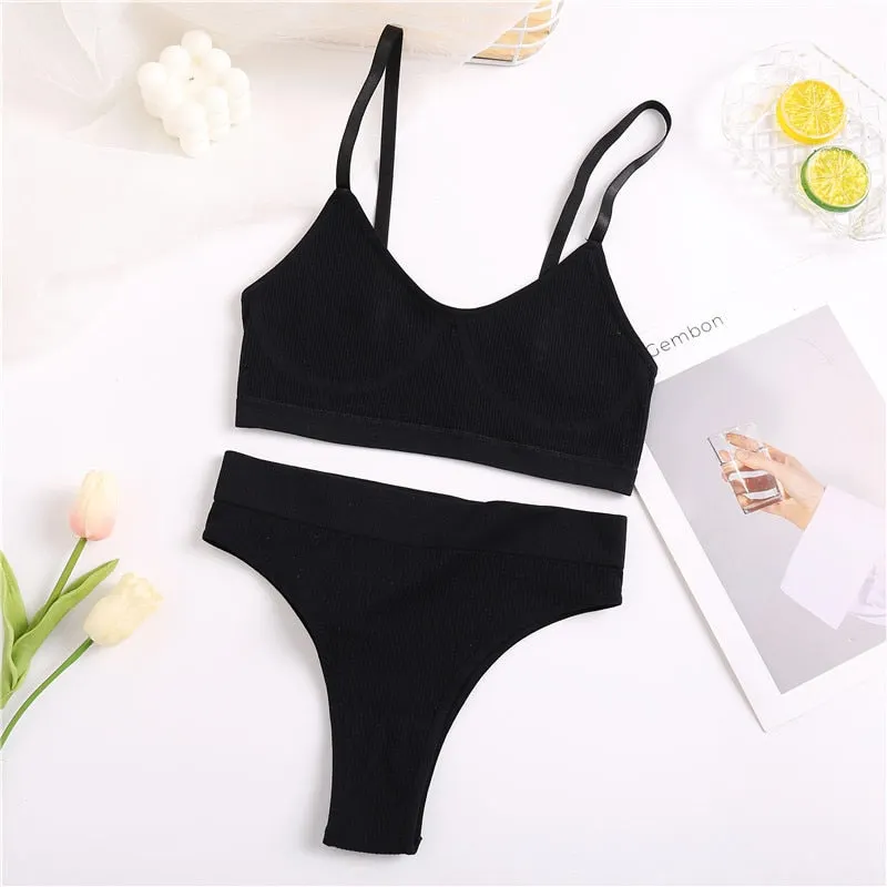 FINETOO Women Bra Set Female Underwear Bralette Ribbed Tops Girls Sexy Lingerie Basic Stretchy Brassiere Tank Crop Tops Suit New