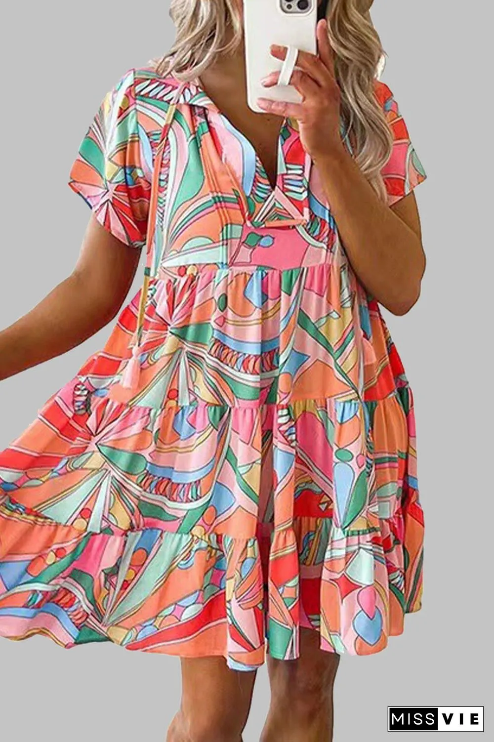 Bohemian Geometric Print V Neck A Line Dresses