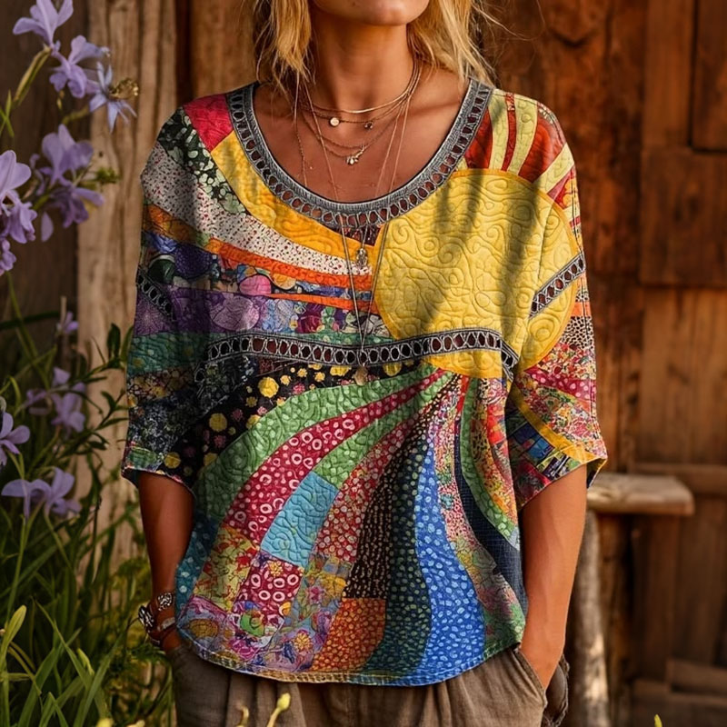 Bohemian Style Women's Vintage Colorful Sun Collage Art Print Casual Round Neck Top elevenforest