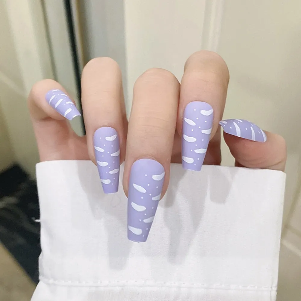 24Pcs Purple Sky White Cloud Press on False Nails Long Ballerina Coffin Matte Frosted Artificial Fake Fingernails Extention Tool-Nail Inspo