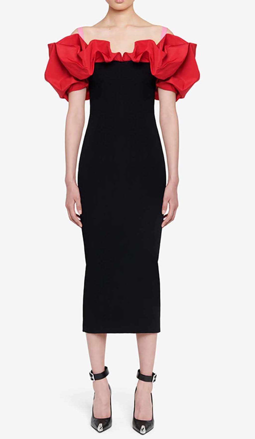 Ruffled Pencil Midi Dress In Black Flowering Girl
