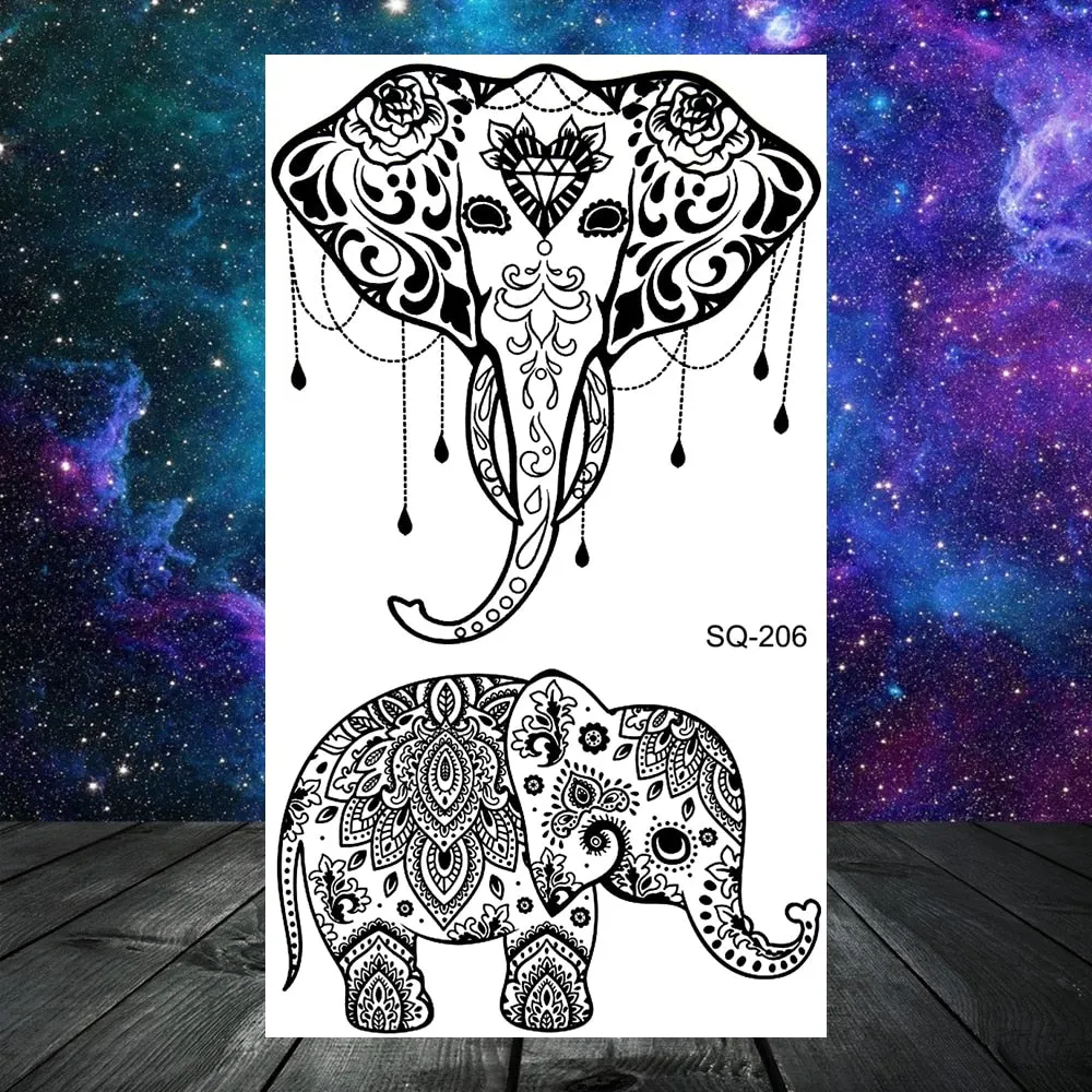 Elephant Lotus Butterfly Henna Temporary Tattoos For Women Adult Men Lion Dragon Flower Dragon Fake Tattoo Neck Arm Small Tatoos