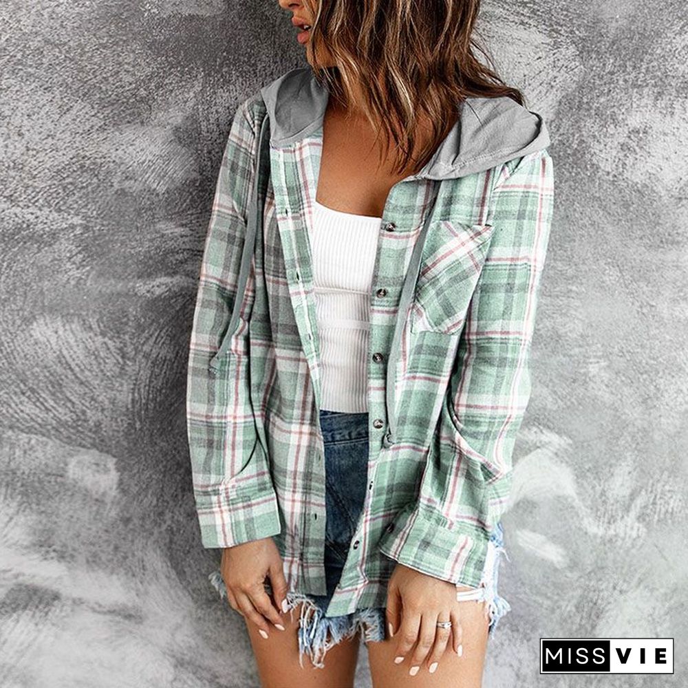 Oversizd Fit Button Up Hoodies Casual Multi Colored Hooded Flannel Shirt