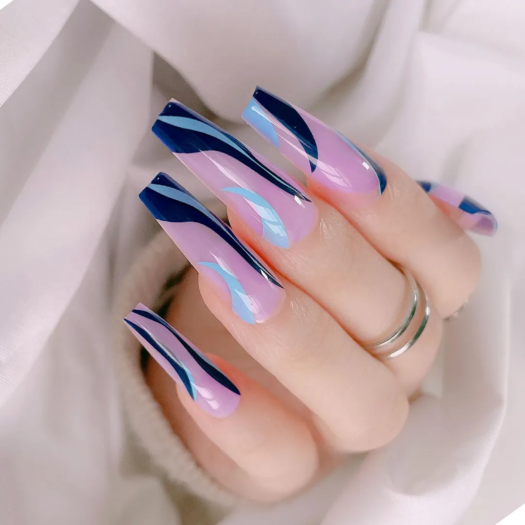 24pcs Extra Long Matte Fake Nails Ballerina Coffin Dark Blue Colorful Rhinestone Decals False Nails with designs Nail Art-Nail Inspo