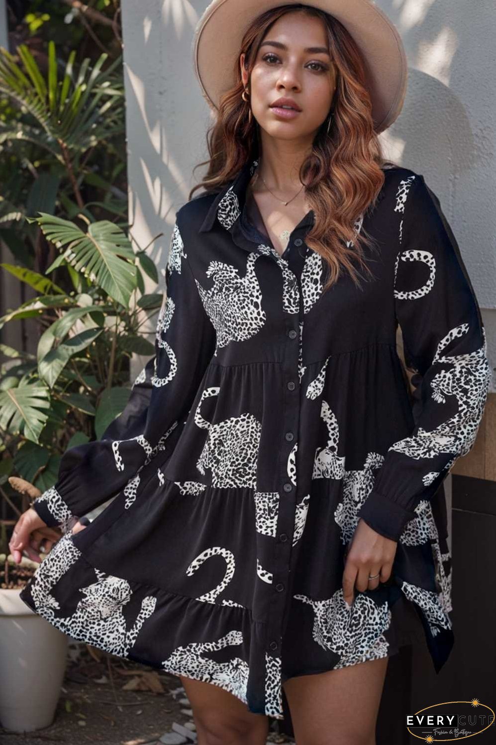 leopard print collared button up shirt dress with ruffled sleeves