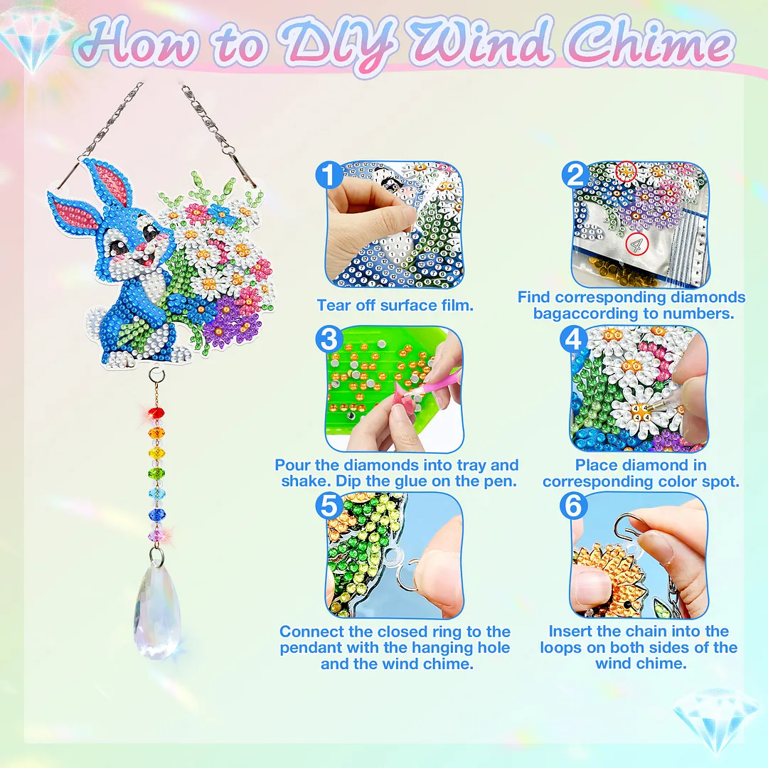 2Pcs Flower Rabbit DIY Double-Sided Diamond Painting Hanging Kits Diamond Painting Suncatcher Craft Kit for Home Garden Wall Decor Gift
