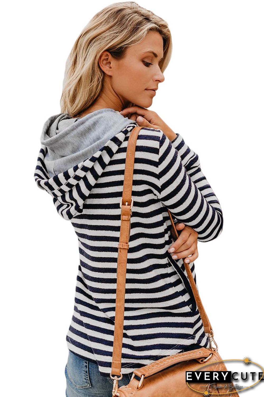 Navy Striped Button Detail Hoodie