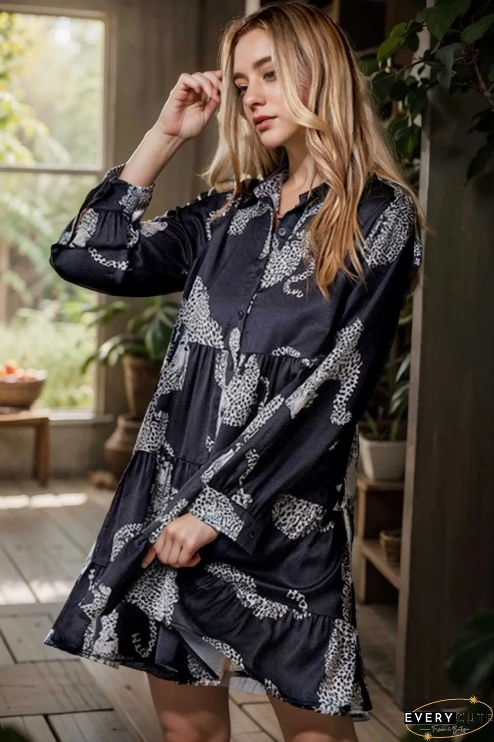 leopard print collared button up shirt dress with ruffled sleeves
