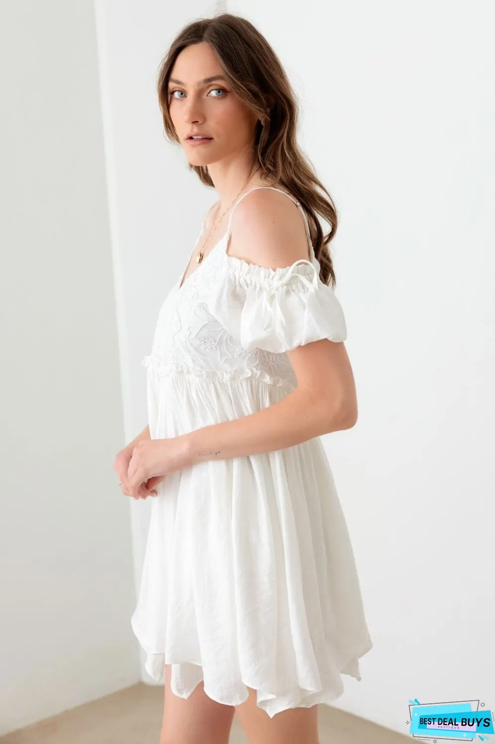 Mustard Seed Embroidered Floral Shirred Cold Shoulder Mini Dress
