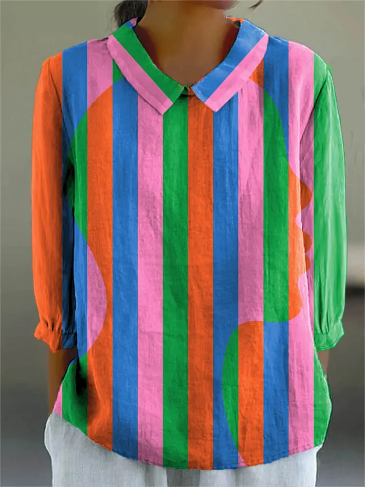 Women's Abstract Geometric Pattern Art Print Casual Cotton And Linen 3/4 Sleeve Shirt