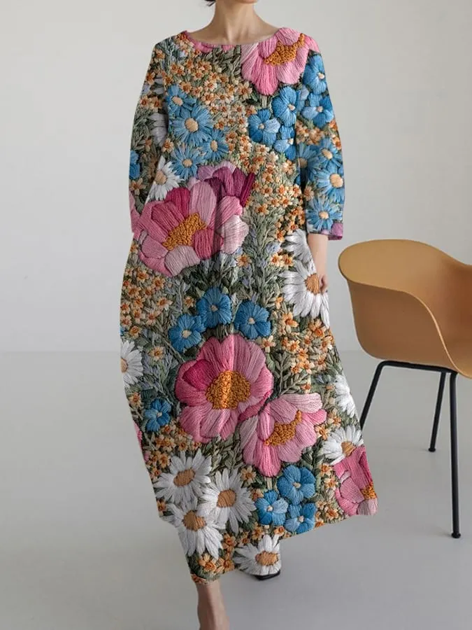 Women's Floral Embroidered Printed Casual Loose Dress