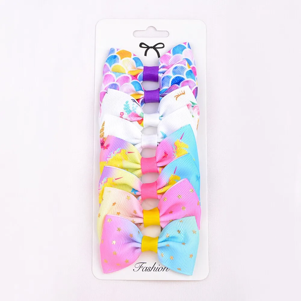8 Pcs/set Grosgrain Ribbon Print Hair Bows With Clip For Cute Girls Hair Clips Hairpins Barrettes Headwear Kids Hair Accessories
