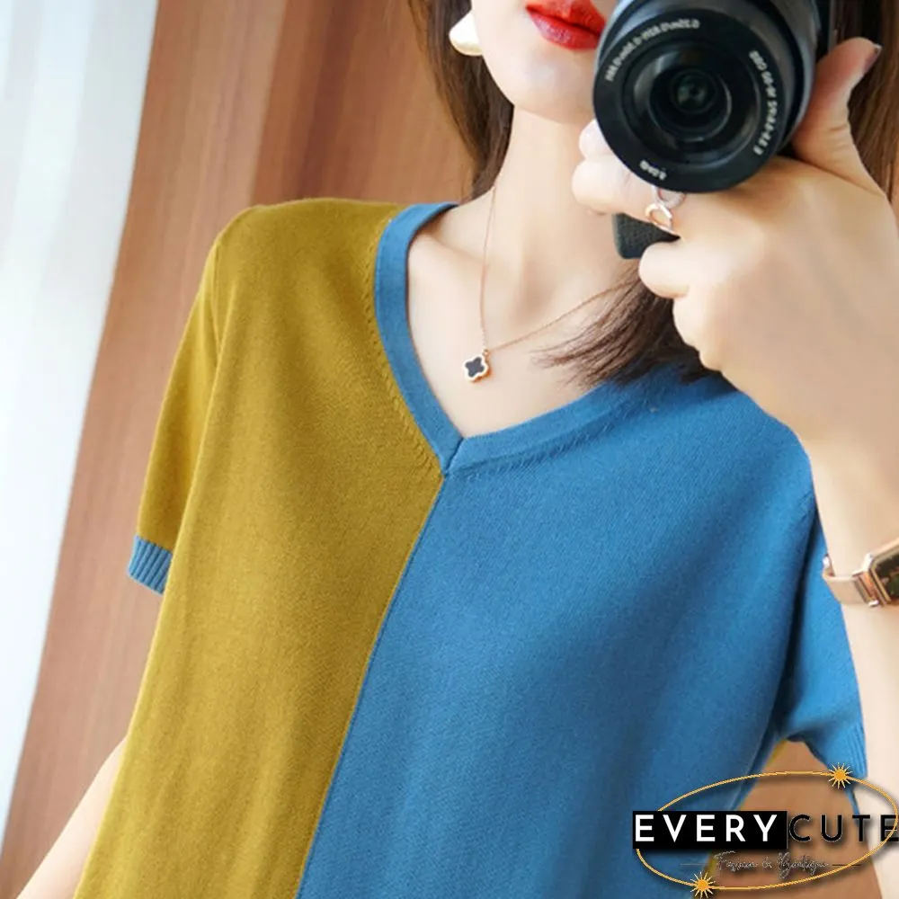 Female Two-Color Patchwork Knitted T-Shirt Mercerized Cotton Summer Women Short Sleeve Pullover Lady Loose Cool V-Neck Tops