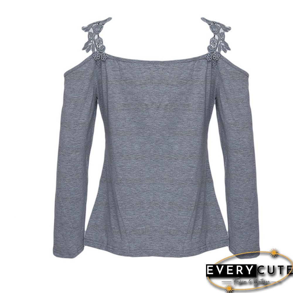 Lace Out Flowers Crochet Long Sleeve Blouse Womens Sexy Cold Shoulder Slim Tops