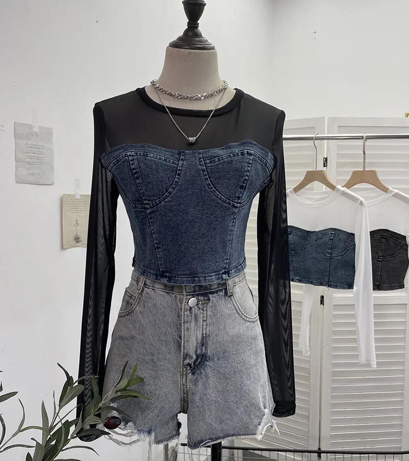 Churchf Fashion Fake Two Denim Splicing Mesh Long Sleeve Top Short Open Umbilion T-Shirt 2623