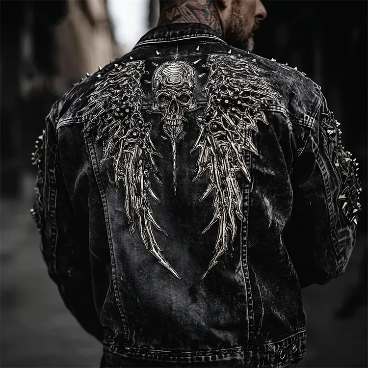 Men's Vintage Skull & Skeleton Wings Rock Studded Washed Denim Jacket