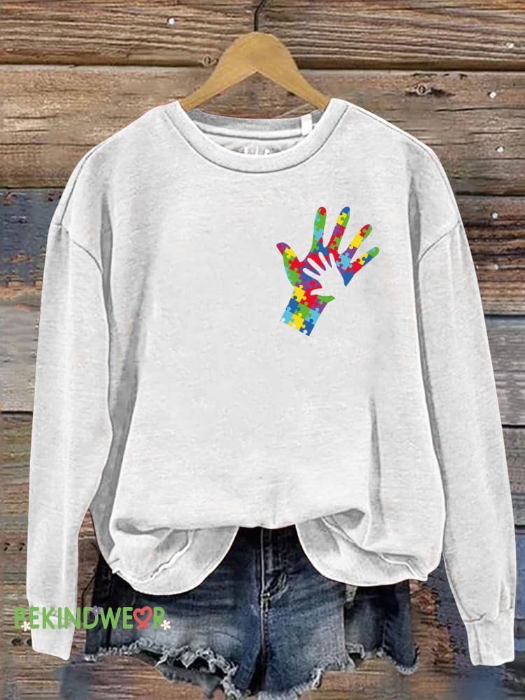 Autism Big Hands Bow Print Casual Sweatshirt White / S