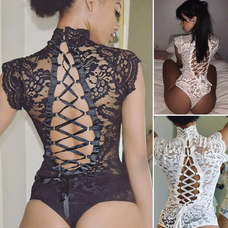 Women's Sexy Sissy Lace Lingerie Turtleneck Bodysuits Black White Nightwear Underwear Back Bandage Erotic Apparel Clothes