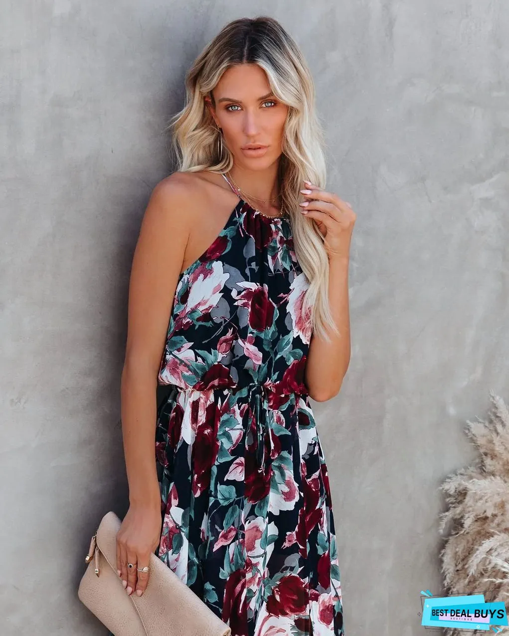 Bohemian print halterneck high slit maxi dress
