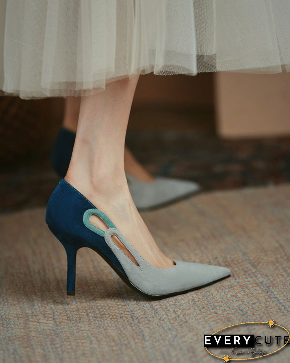 Colorblock Cut-out Suede Leather High Heel Sandals