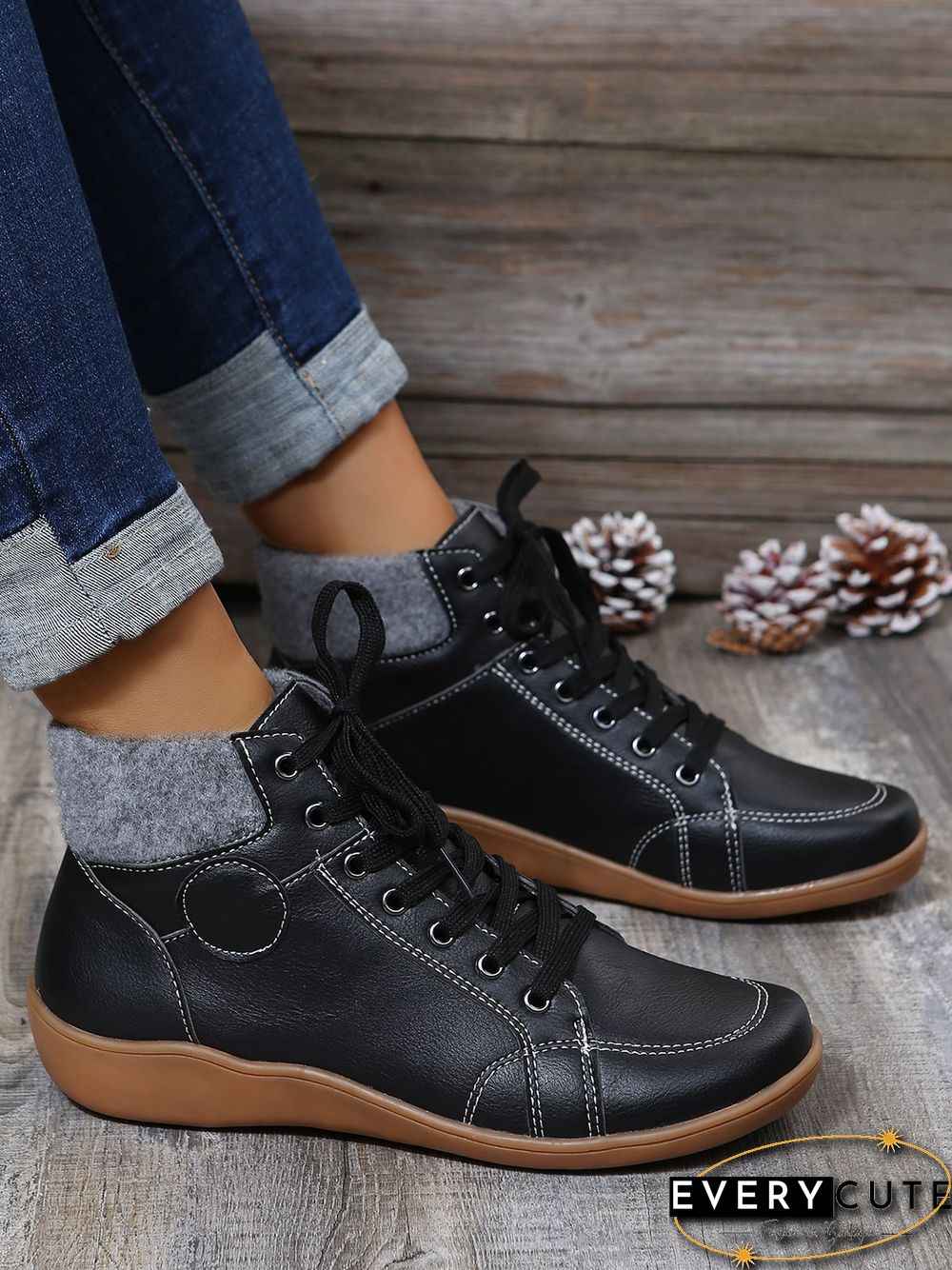 PU Leather Suede Panel Casual Short Boots