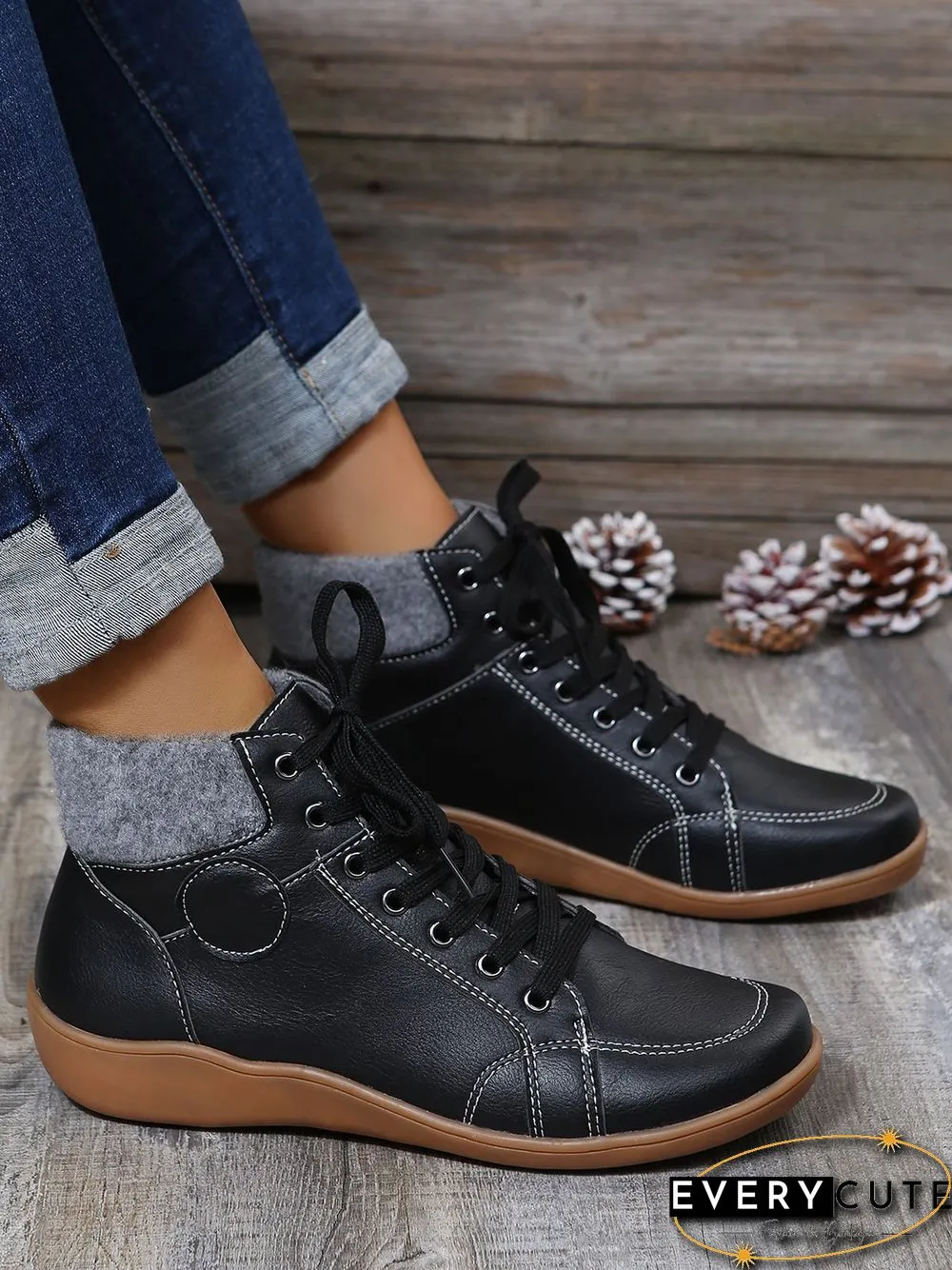 PU Leather Suede Panel Casual Short Boots