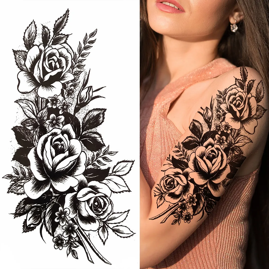 3D Snake Rose Temporary Tattoos For Women Girls Fake Flower Tattoo Sticker Black Death Eaters Dark Mark Mamba Snake Peony Tatoos 515-1