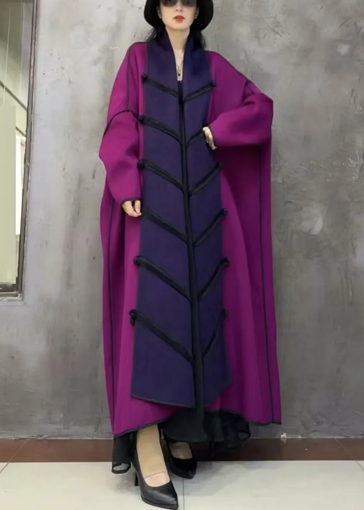 Art Purple Chinese Button Patchwork Woolen Long Coat Winter