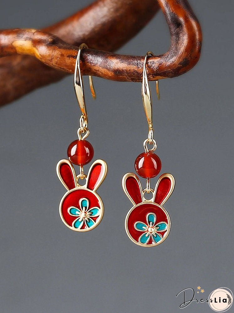 Red earrings antique rabbit earrings with cheongsam retro sterling silver ethnic earrings