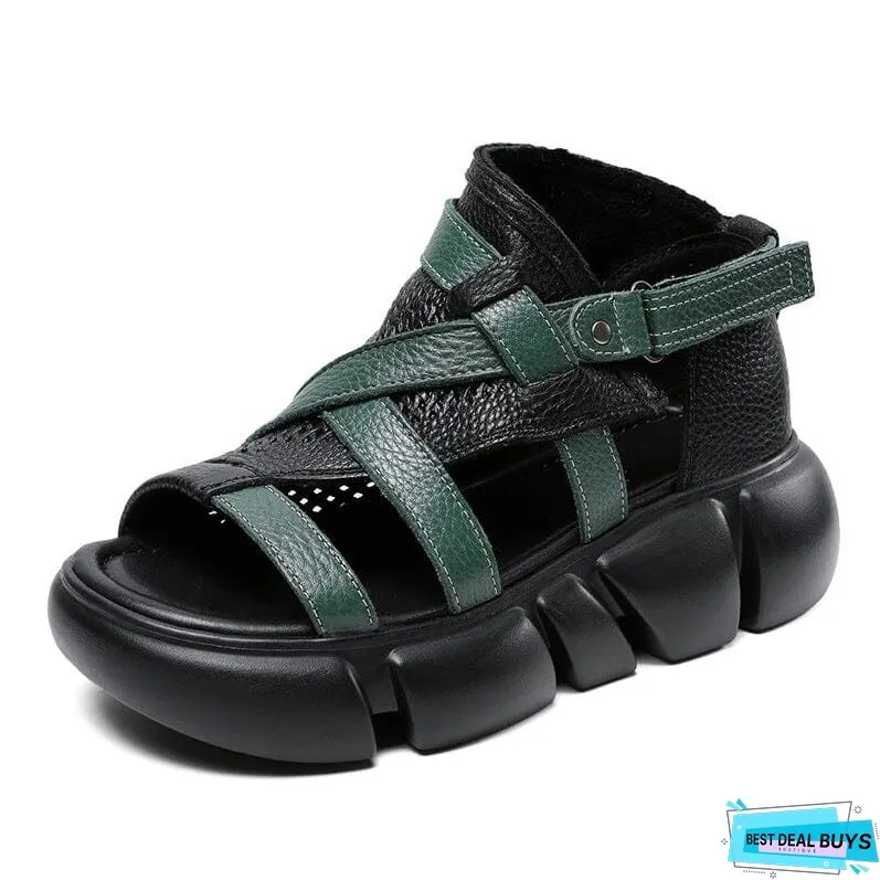 Women Summer Retro Leather Casual Platform Sandals