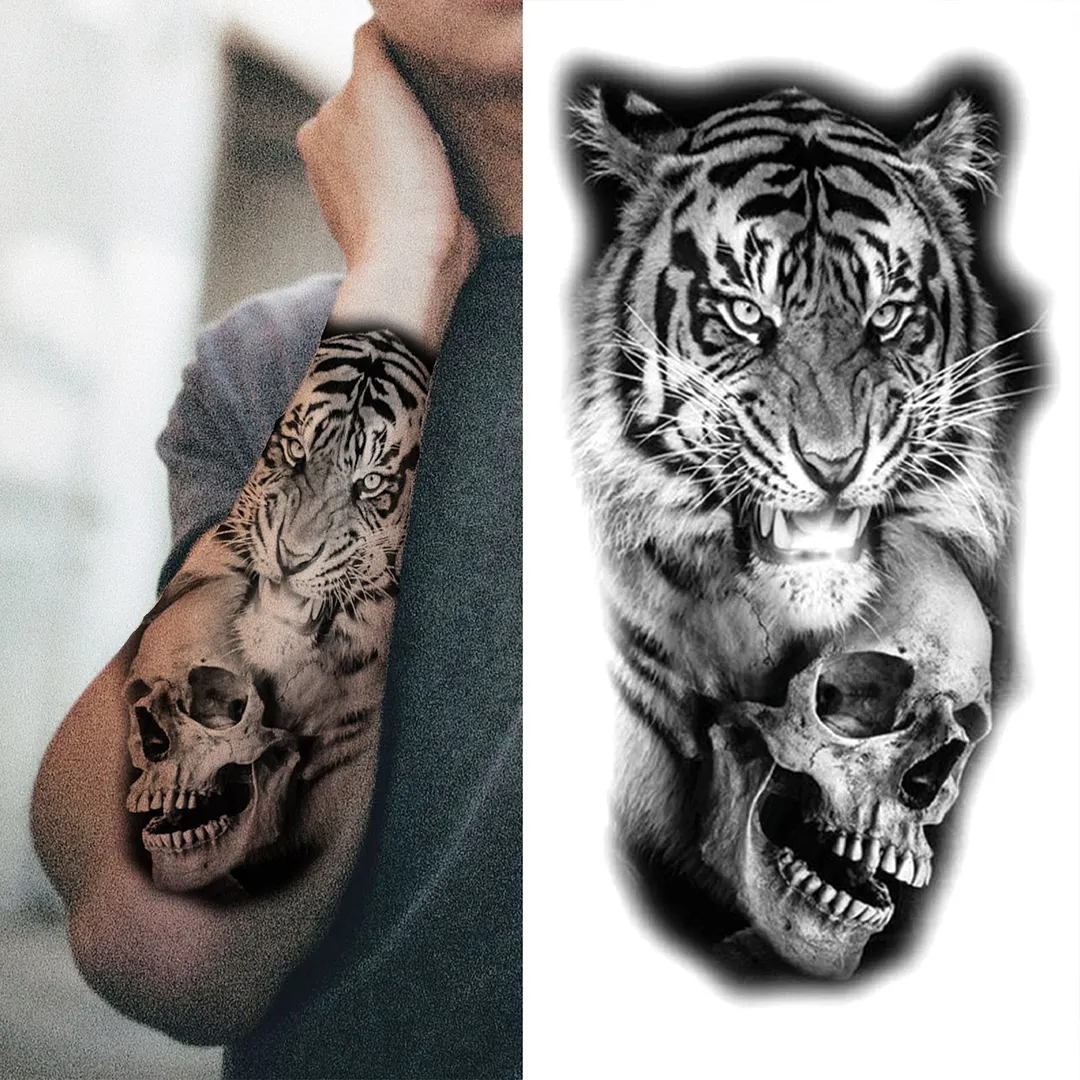 Cross Lion Temporary Tattoo For Women Men Adult Skull Tiger Wolf Forest Tattoo Sticker Black Fake Realistic Demon Tatoos Forearm 530-1