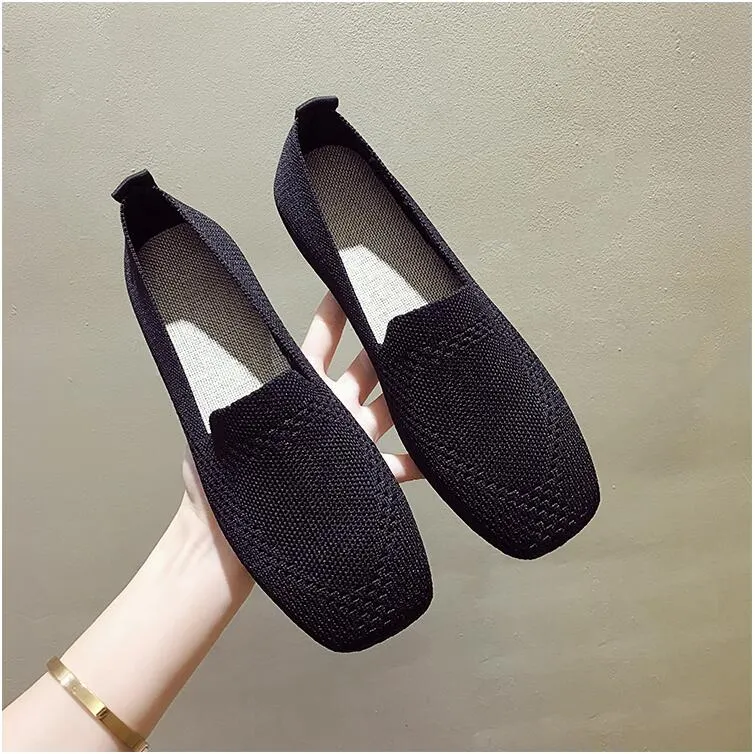2022 Plus Size Spring New Ballet Flats Women Square Toe Knit Fabric Loafers Breathable Flat Heel Drive Shoes Driving Sneaker