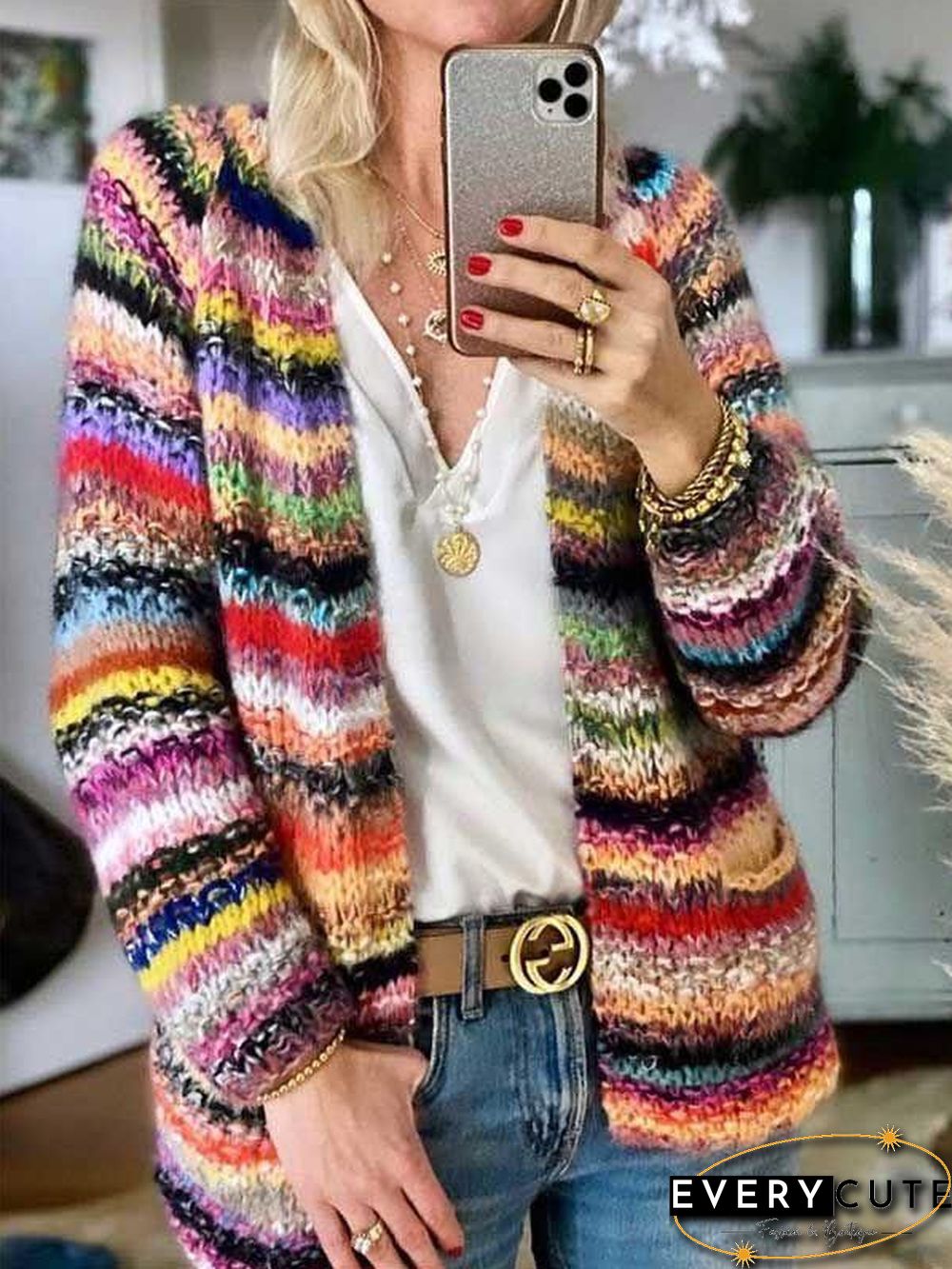Slouchy Rainbow Stripe Cotton Knit Cardigan Sweater Tops