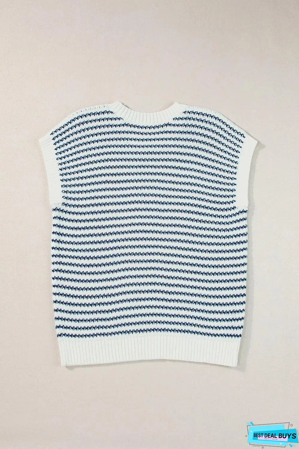 Blue Stripe Ribbed Trim Loose Fit Knitted Sweater Vest