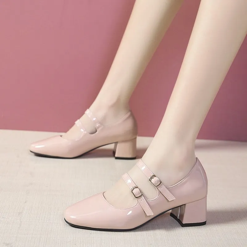 2021 Spring Autumn Women Double Buckle Mary Janes Shoes Patent Leather Dress Shoes High Heels Pumps Retro Ladies Shoe Black Red