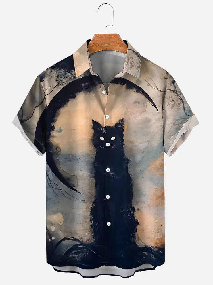 Men's Halloween Scary Black Cat Art Print Shirt