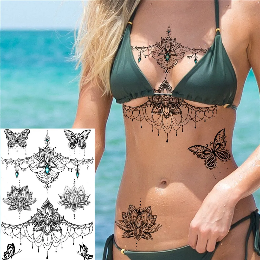 Sexy Black Henna Temporary Tattoos For Women Girls Lotus Flower Lace Tattoo Sticker Fake Jewelry Mandala Body Chest Tatoos Paper