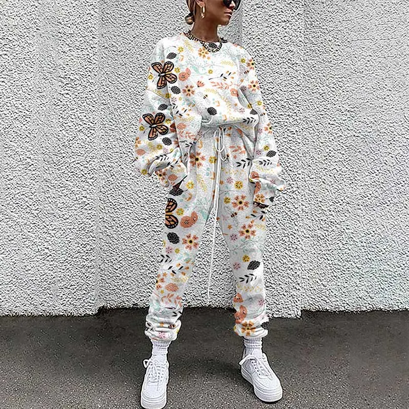 Women Tracksuit Two Piece Pullovers Cloting Long Sleeve Tie-dye Print Female Tops And Elastic Waist Pants Slim Casual Streetwear