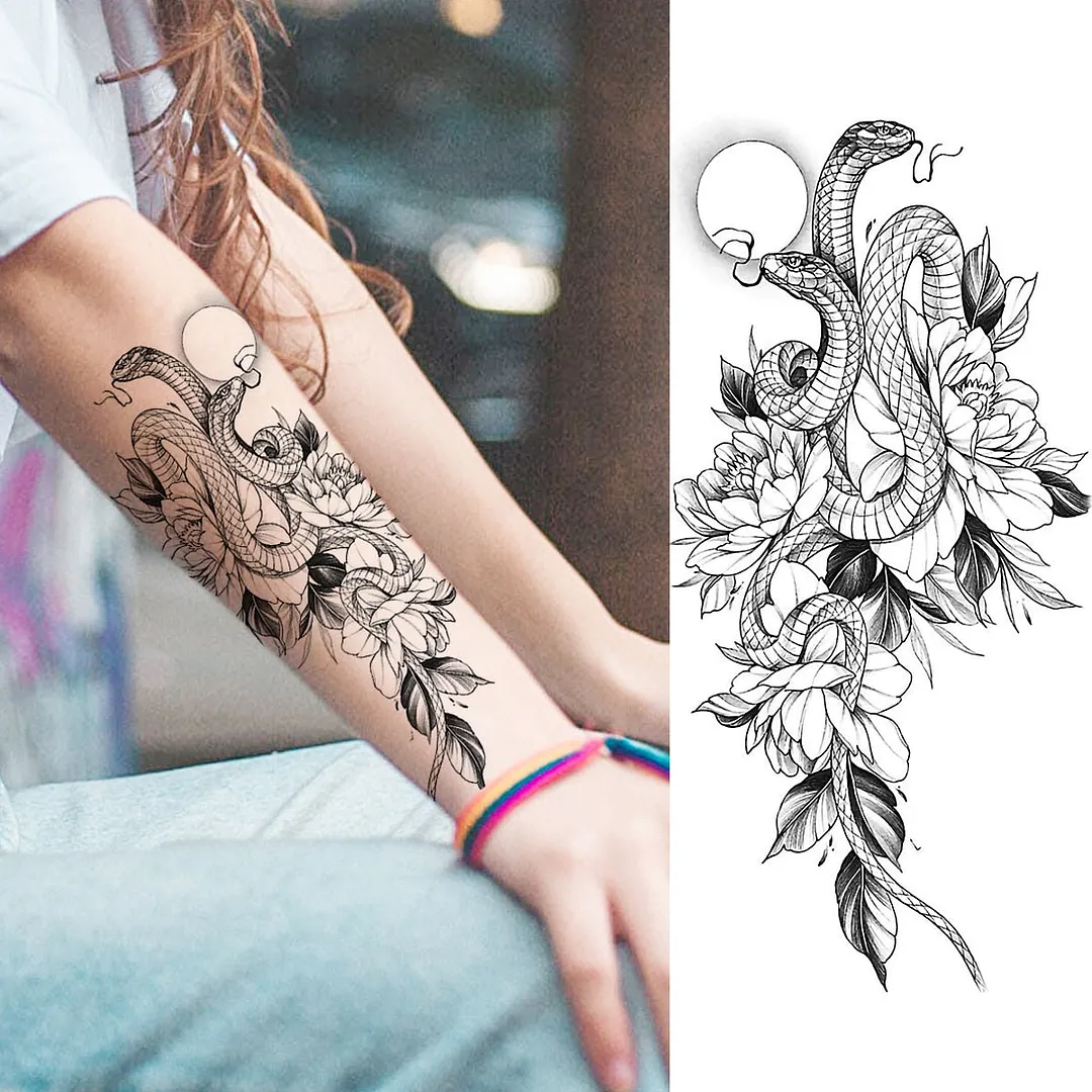 Black Rose Flower Snake Temporary Tattoos For Women Adult Peony Serpent Fake Tattoo Forearm Body Art Painting Waterproof Tatoos