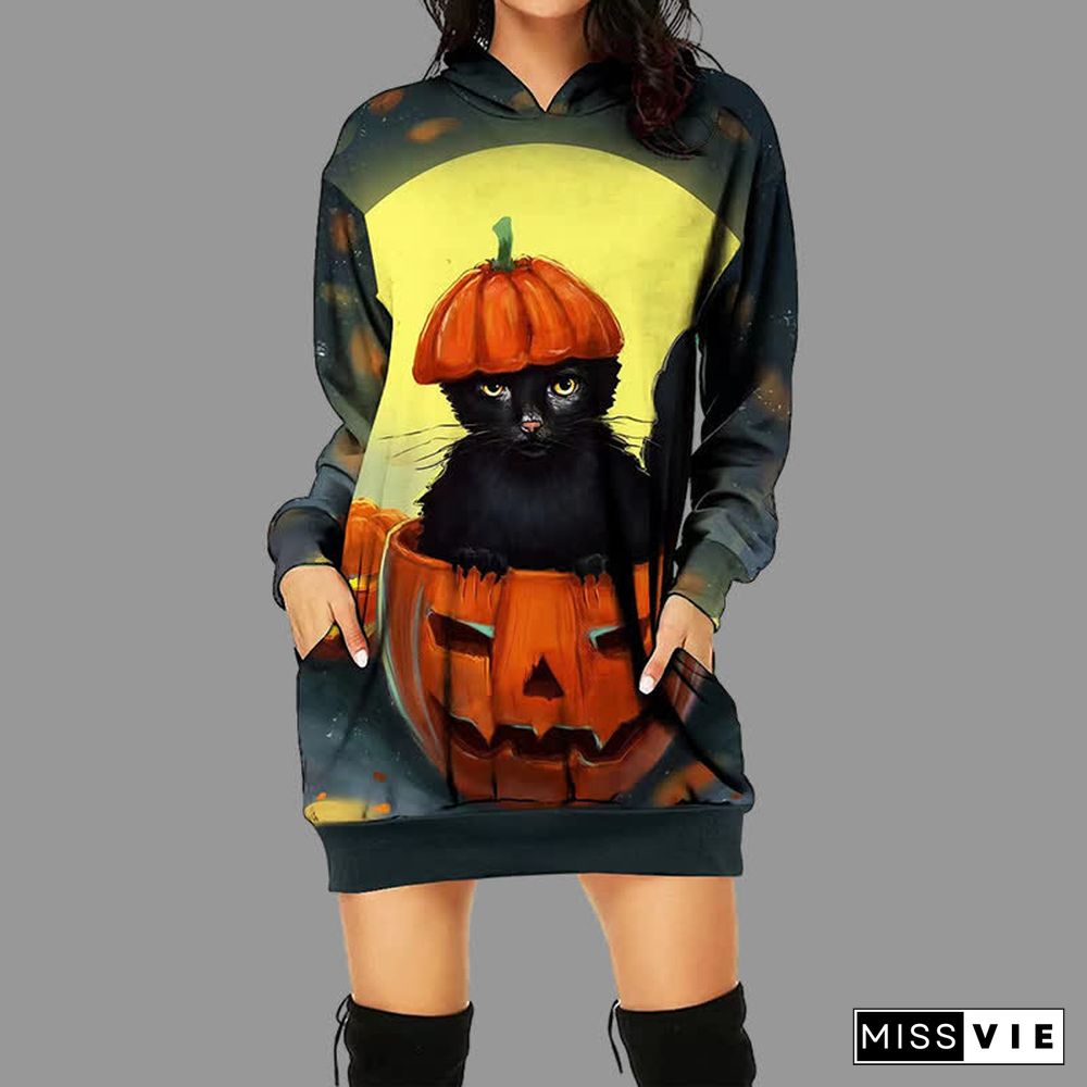Halloween Pumpkin Black Cat 3D Print Long Sleeve Pocketed Hoodie