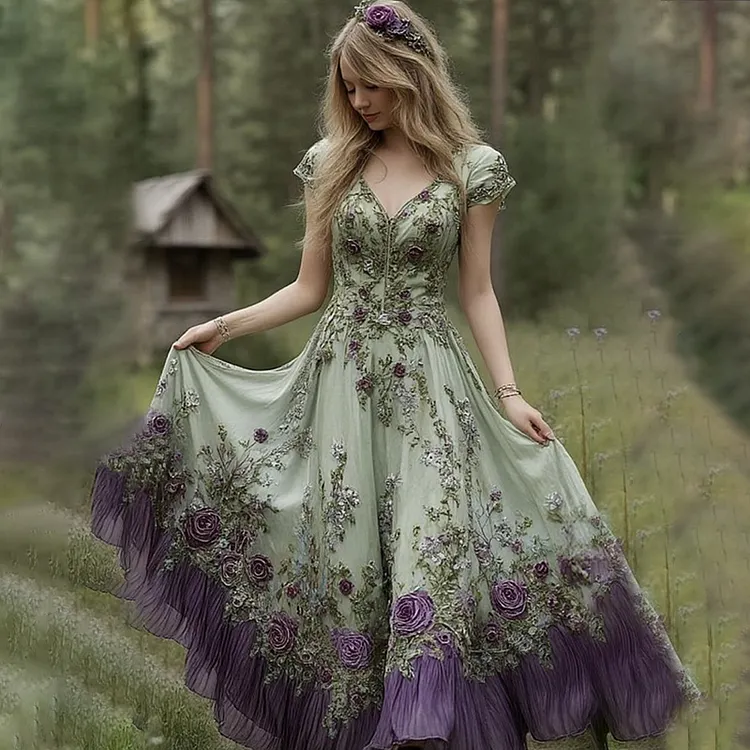 Classy Gradient Purple Lavender And Floral Embroidered Linen Maxi Dress