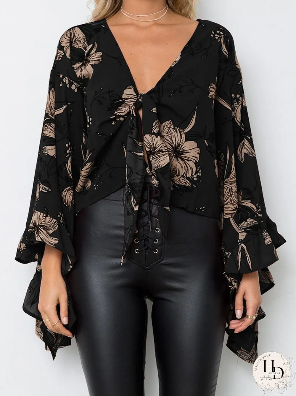 Long Sleeve Floral V-Neck Irregular Hem Top