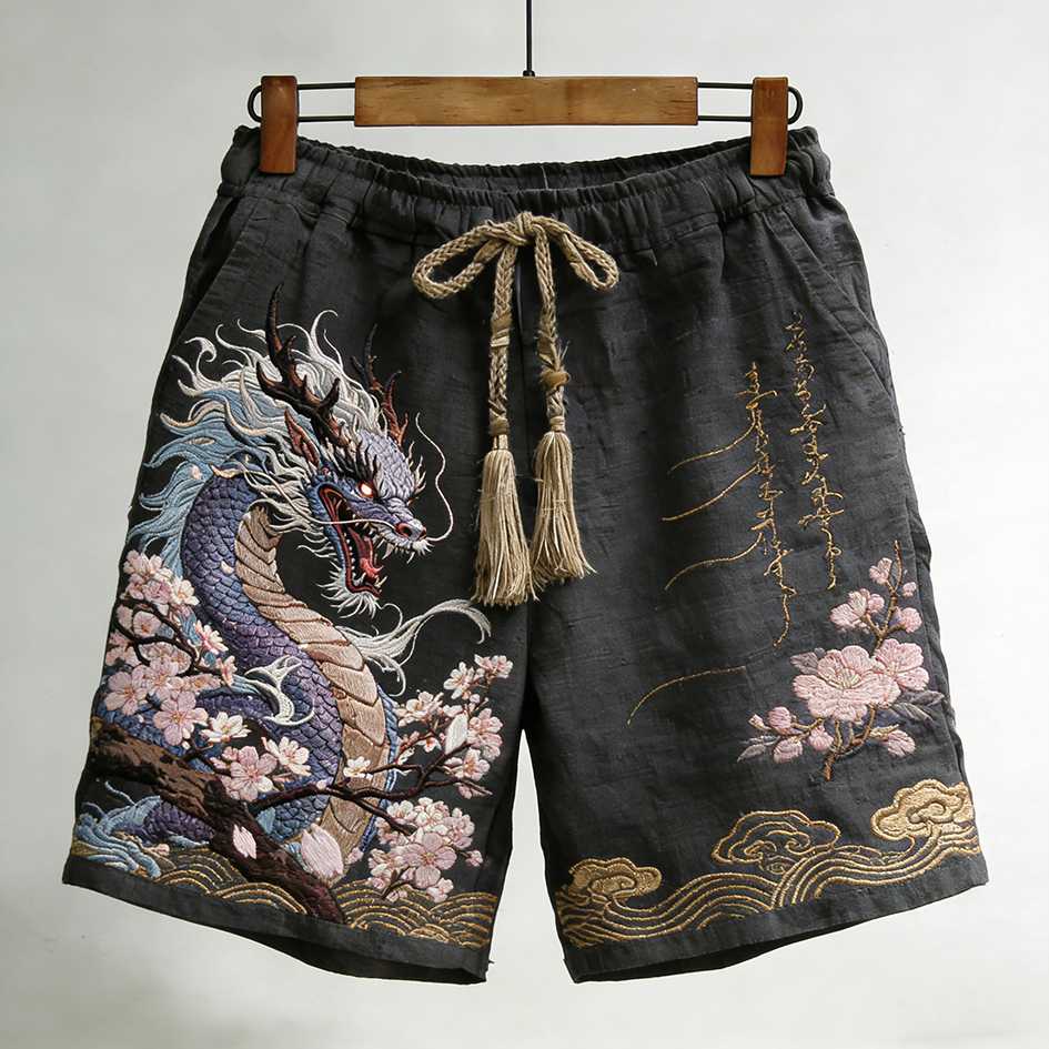 Japanese Art Cherry Blossoms And Dragon Pattern Embroidery Retro Casual Linen Shorts elevenforest