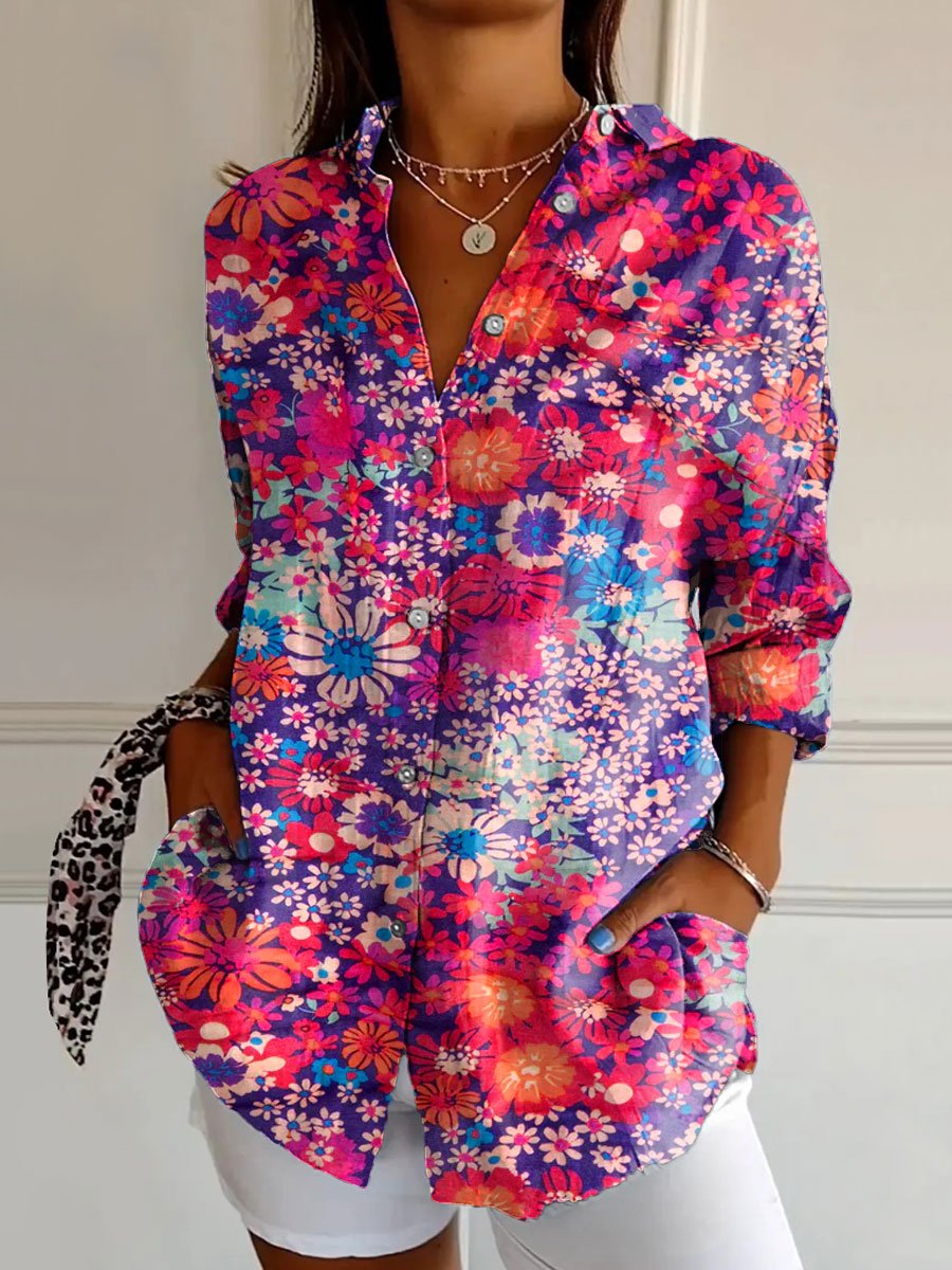 Women's Vintage Flower Daisy Art Print Casual Cotton Shirt