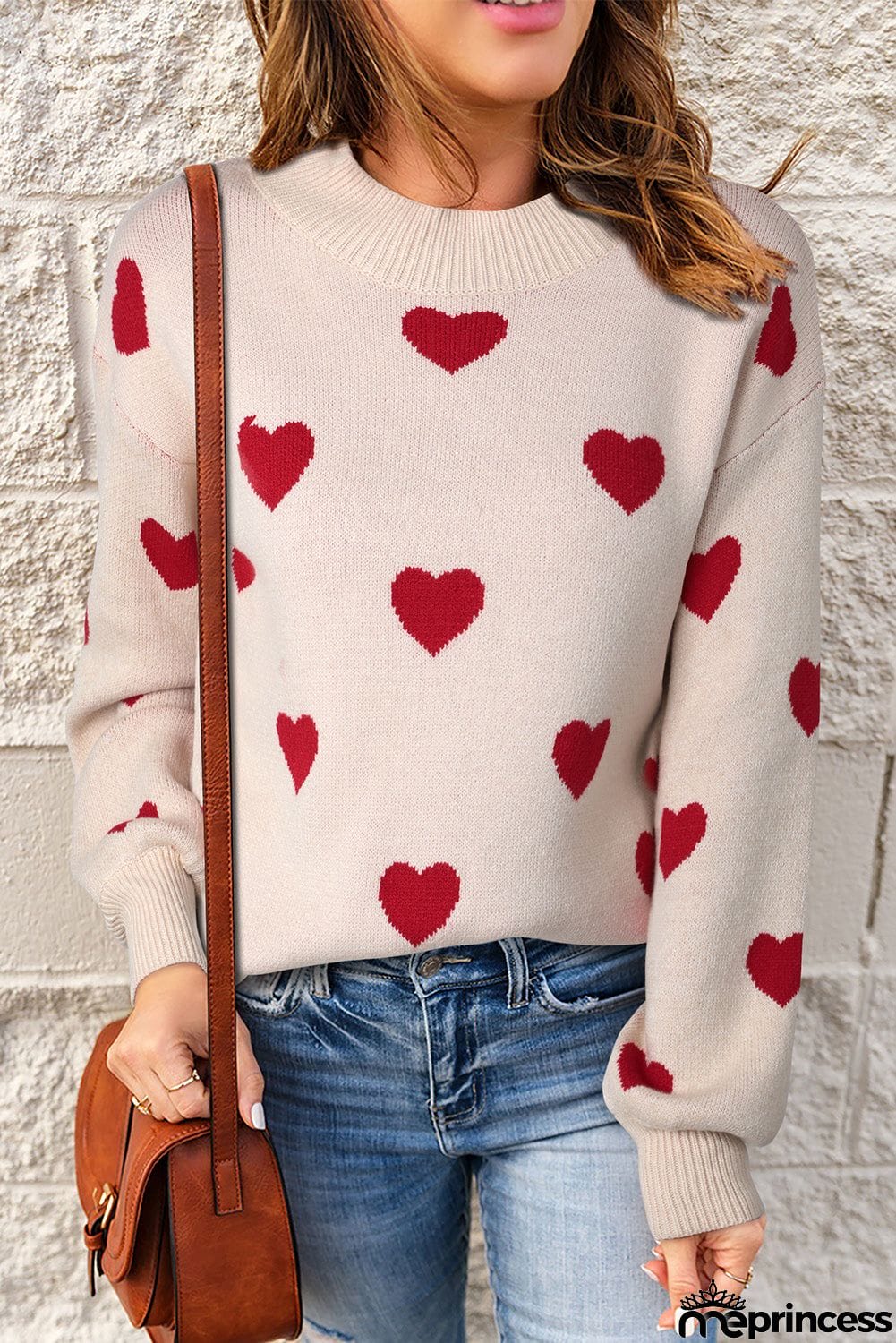 Heart Pattern Ribbed Trim Knit Sweater