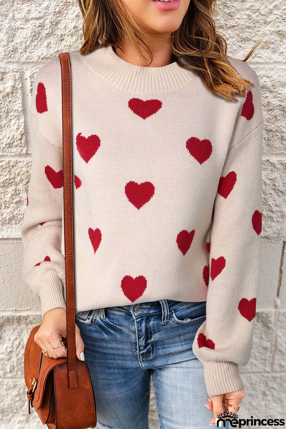 Heart Pattern Ribbed Trim Knit Sweater